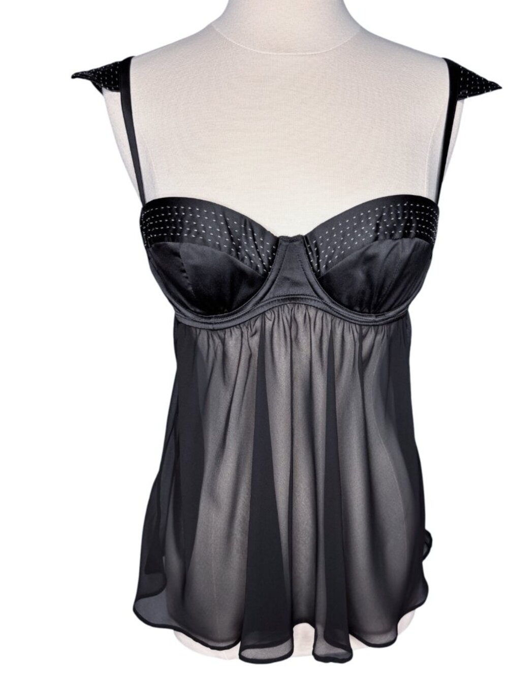 Victoria's Secret Sexy Little Things Black Satin Chiffon Babydoll Lingerie 36C